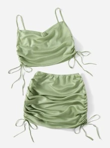 SHEIN Drape Neck Drawstring Side Satin Cami Top & Mini Skirt - Mint Green - View 3