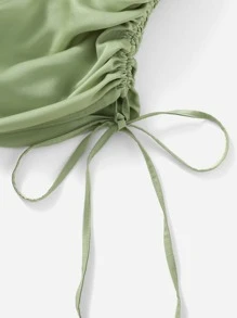 SHEIN Drape Neck Drawstring Side Satin Cami Top & Mini Skirt - Mint Green - View 4