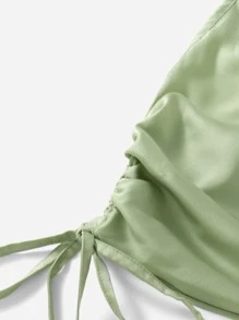 SHEIN Drape Neck Drawstring Side Satin Cami Top & Mini Skirt - Mint Green - View 5