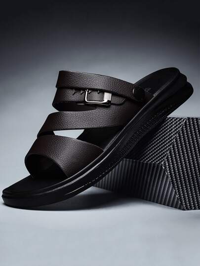 Men Black Buckle Decor Slides, Open Toe Two Way Wear Slides