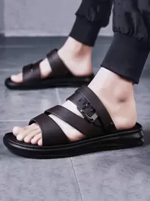 Men Black Buckle Decor Slides, Open Toe Two Way Wear Slides
