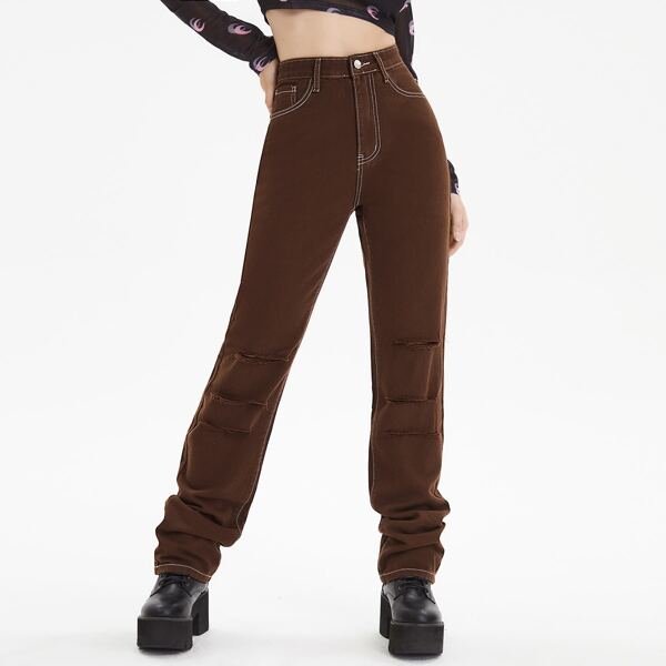 

High Waist Ripped Straight Jeans, Chocolate brown