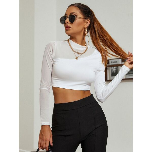 

Mock Neck Sheer Mesh Insert Crop Top, White
