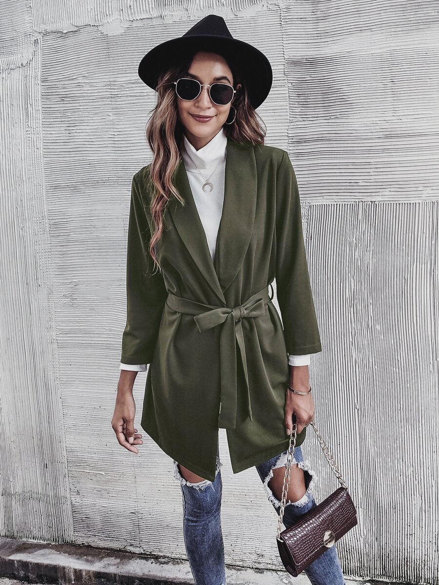 Solid Shawl Neck Coat - Army Green - View 1