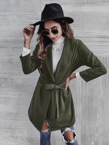 Solid Shawl Neck Coat - Army Green - View 3