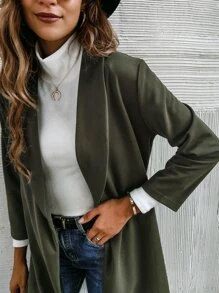 Solid Shawl Neck Coat - Army Green - View 4