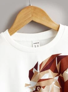 SHEIN 適用於青少年男孩的地理獅子印花運動衫 - 白色 - 查看 4