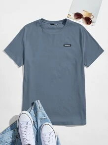 Manfinity VCAY Hombres Top con diseño de parche tejido de canalé - Neblina azul - Ver 1