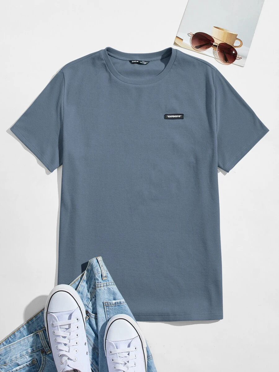 Manfinity VCAY Hombres Top con diseño de parche tejido de canalé - Neblina azul - Ver 1