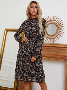 印花荷葉邊領口荷葉袖打褶A字連衣裙 - 彩色 - 查看 6