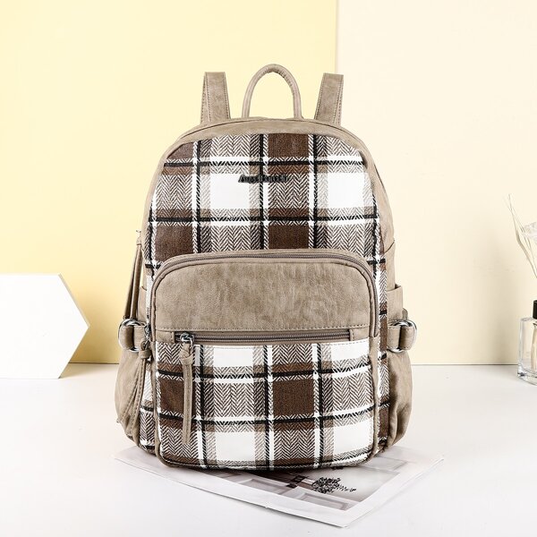 

Plaid Pattern Functional Backpack, Brown