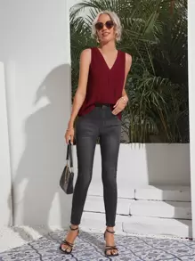 SHEIN Clasi Áo sơ mi màu trơn Giải trí - Màu Đỏ Sâu - Xem 4