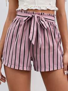 SHEIN LUNE Paperbag Waist Belted Striped Shorts - Dusty Pink - View 1
