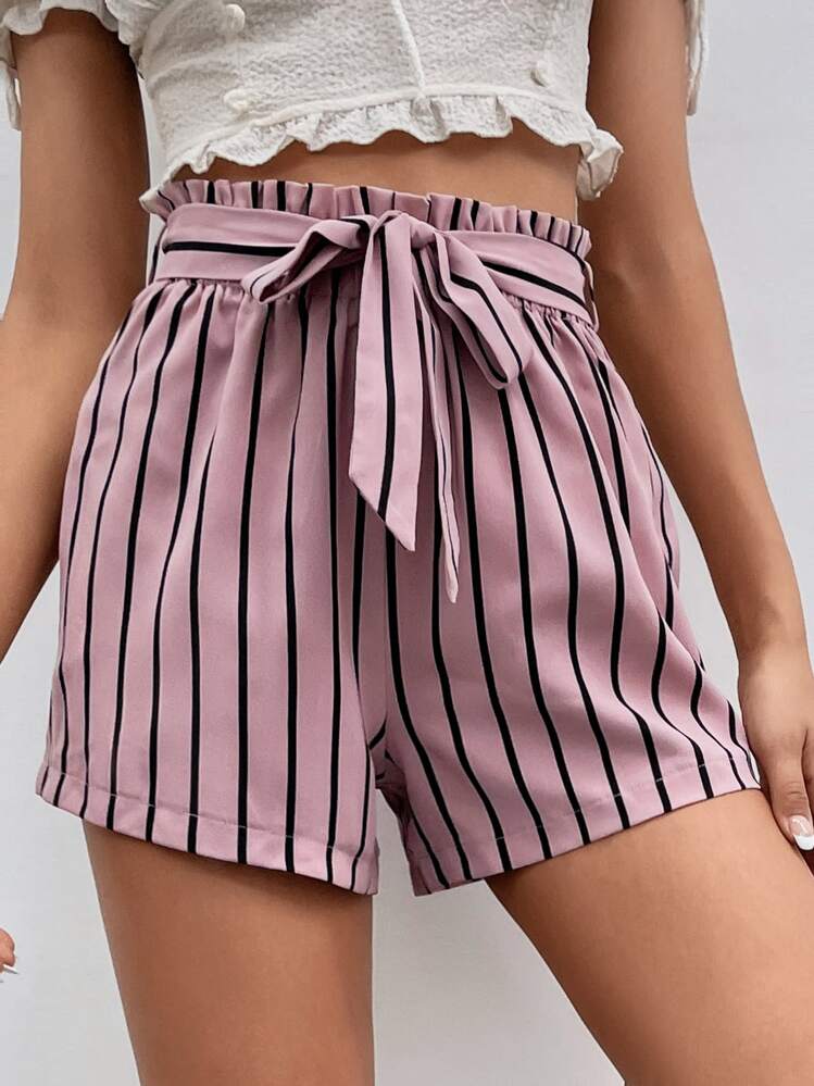 SHEIN LUNE Paperbag Waist Belted Striped Shorts - Dusty Pink - View 3