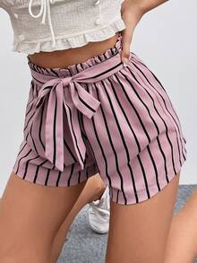 SHEIN LUNE Paperbag Waist Belted Striped Shorts - Dusty Pink - View 4