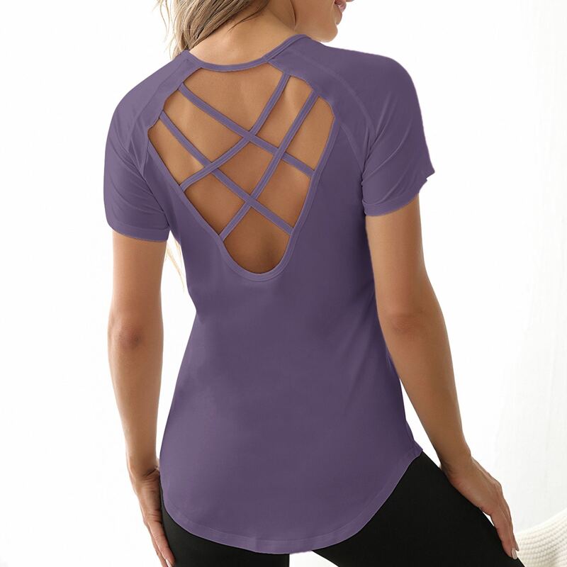 

Criss-cross Open Back Sports Tee, Violet purple