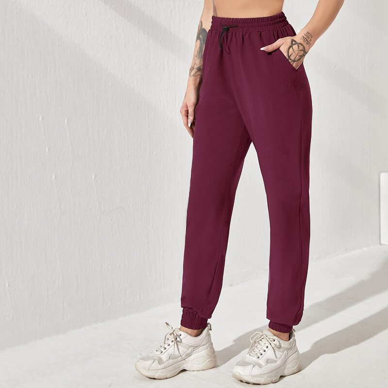 

Solid Drawstring Waist Pocket Sports Pants, Burgundy