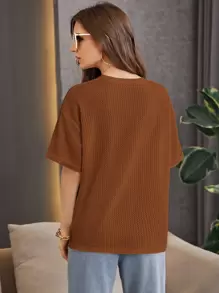 SHEIN Essnce Camiseta de punto waffle con hombros caídos - Marrón - Ver 2