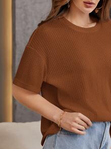 SHEIN Essnce Camiseta de punto waffle con hombros caídos - Marrón - Ver 3