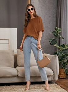 SHEIN Essnce Camiseta de punto waffle con hombros caídos - Marrón - Ver 4