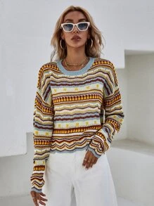 Calvaya Jersey de rayas con con patrón geométrico de punto de malla