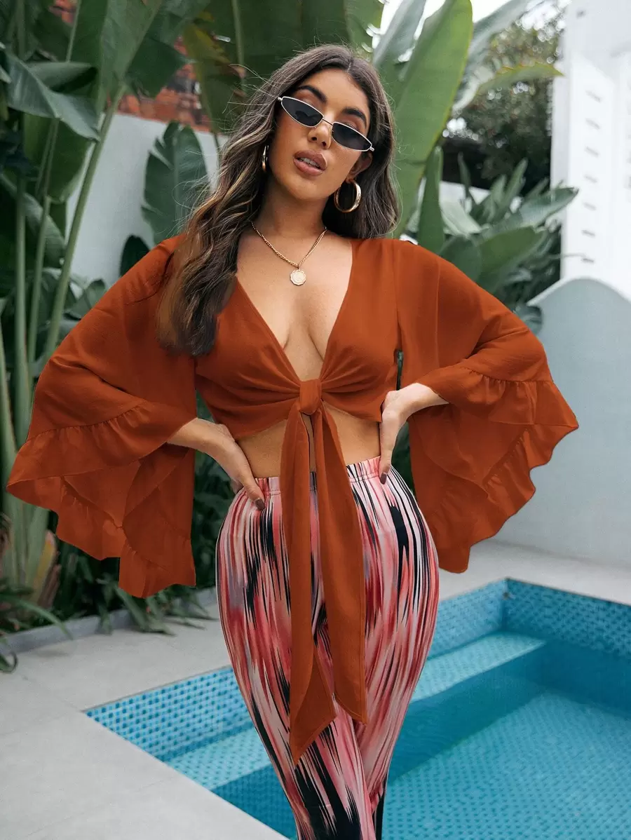 SHEIN VCAY Butterfly Sleeve Tie Front Top - Rust Brown - View 1