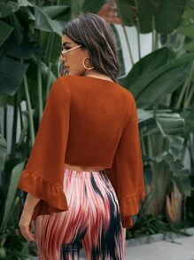 SHEIN VCAY Butterfly Sleeve Tie Front Top - Rust Brown - View 2