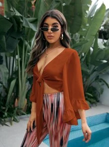 SHEIN VCAY Butterfly Sleeve Tie Front Top - Rust Brown - View 4