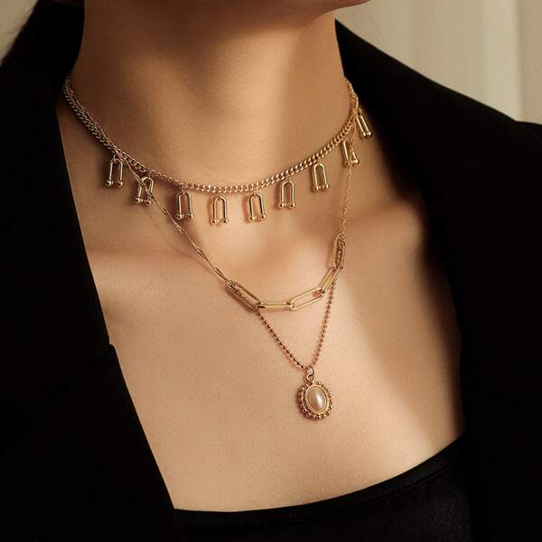 

2pcs Faux Pearl Charm Necklace, Gold