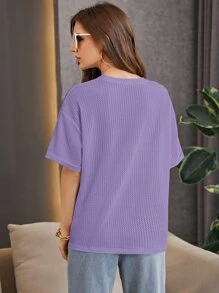 SHEIN Essnce 落肩華夫格針織T恤 - 紫色 - 查看 2