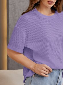 SHEIN Essnce 落肩華夫格針織T恤 - 紫色 - 查看 3