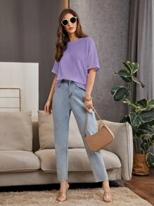 SHEIN Essnce 落肩華夫格針織T恤 - 紫色 - 查看 4