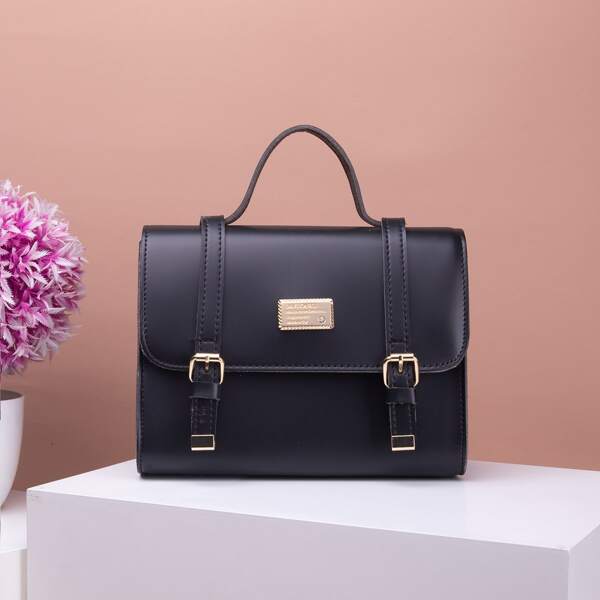 

Minimalist Letter Patch Buckle Detail Alp Square Bag, Black