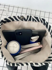 斑馬紋圖案手提包 - 黑與白 - 查看 6