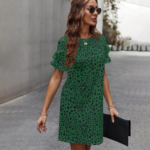 

Dalmatian Print Ruffle Trim Dress, Green