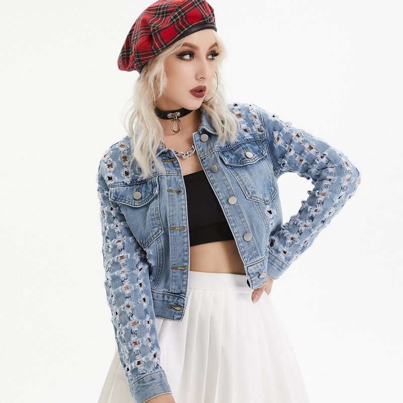 

Single Breasted Ripped Denim Jacket, Light wash