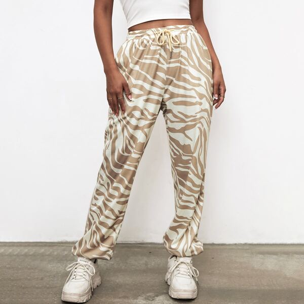 

Zebra Striped Drawstring Waist Sweatpants, Apricot