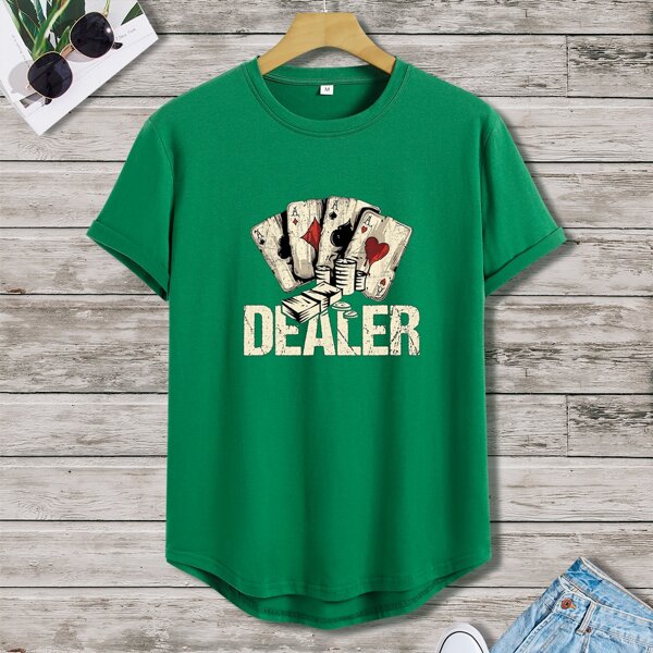 

Men Playing Card & Letter Graphic Tee, Dark green