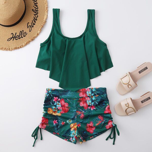 

Floral Print Hanky Hem Shorts Bikini Swimsuit, Green