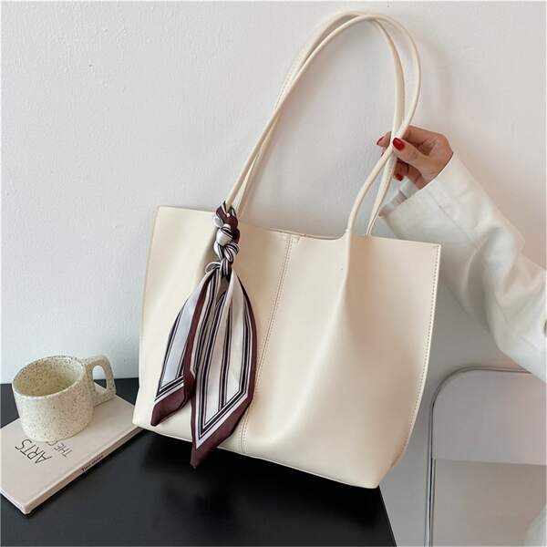 

Scarf Decor Shoulder Tote Bag, Beige