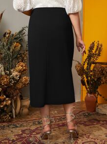 Modelyn 大碼下擺開叉素色半身裙 - 黑色 - 查看 2