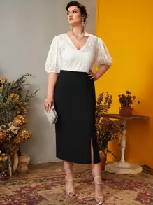 Modelyn 大碼下擺開叉素色半身裙 - 黑色 - 查看 3