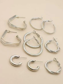 5pairs Simple Hoop Earrings - Silver - View 5