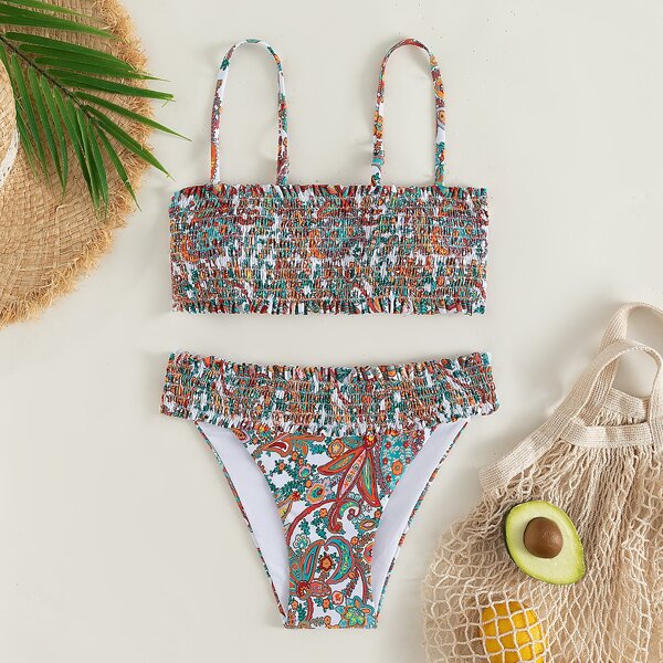 

Floral Print Smocked Bikini Swimsuit, Multicolor