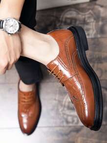 男士PU皮革布洛克鞋帶壓花圖案,完美適用於商業和婚禮 - 棕色 - 查看 4