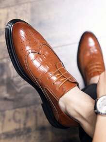 男士PU皮革布洛克鞋帶壓花圖案,完美適用於商業和婚禮 - 棕色 - 查看 2