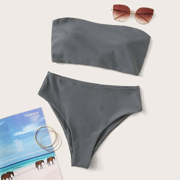 

Solid Bandeau High Waisted Bikini Swimsuit, Light grey