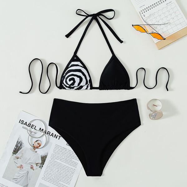 

Triangle Halter High Waisted Bikini Swimsuit, Black and white