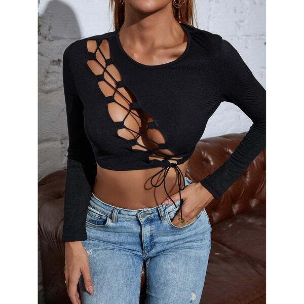 

Solid Lace Up Cut Out Front Crop Tee, Black