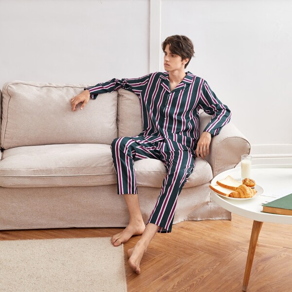 

Men Striped Lapel Collar PJ Set, Multicolor